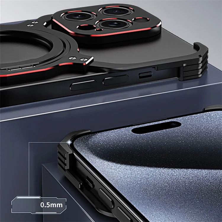 For iPhone 15 Pro Max Magnetic Bumper Case Frameless Rotary Kickstand Metal Phone Cover - Black+Red