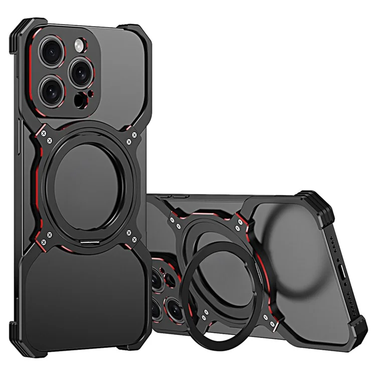 Für iPhone 15 Pro Phone Bumper Case Kompatibel mit MagSafe Kickstand Metallabdeckung - Schwarz+Rot