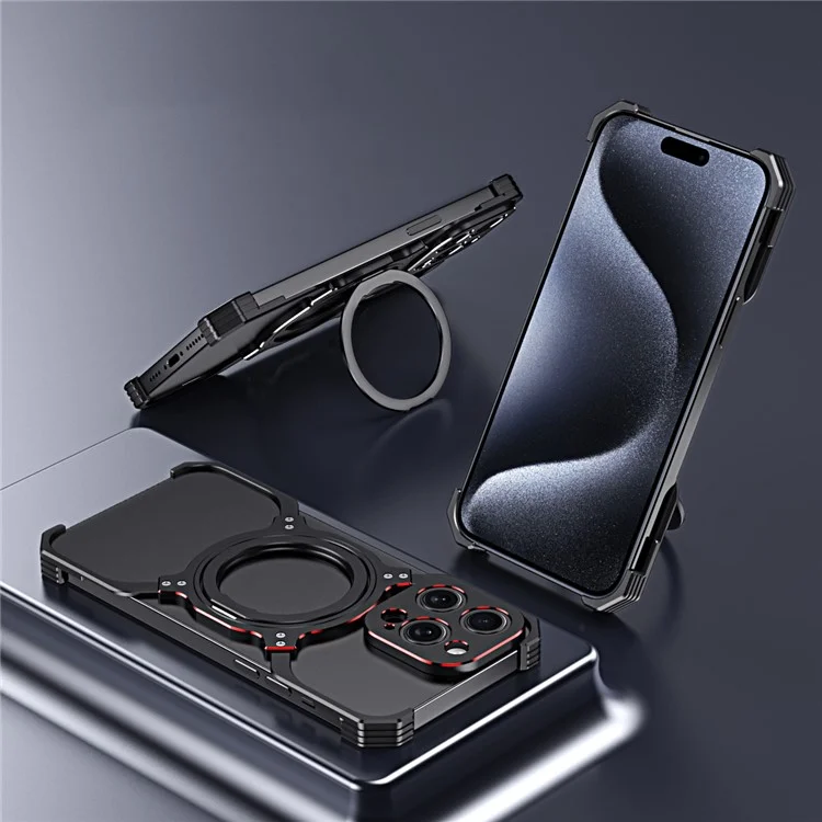 Für iPhone 15 Pro Phone Bumper Case Kompatibel mit MagSafe Kickstand Metallabdeckung - Schwarz+Rot
