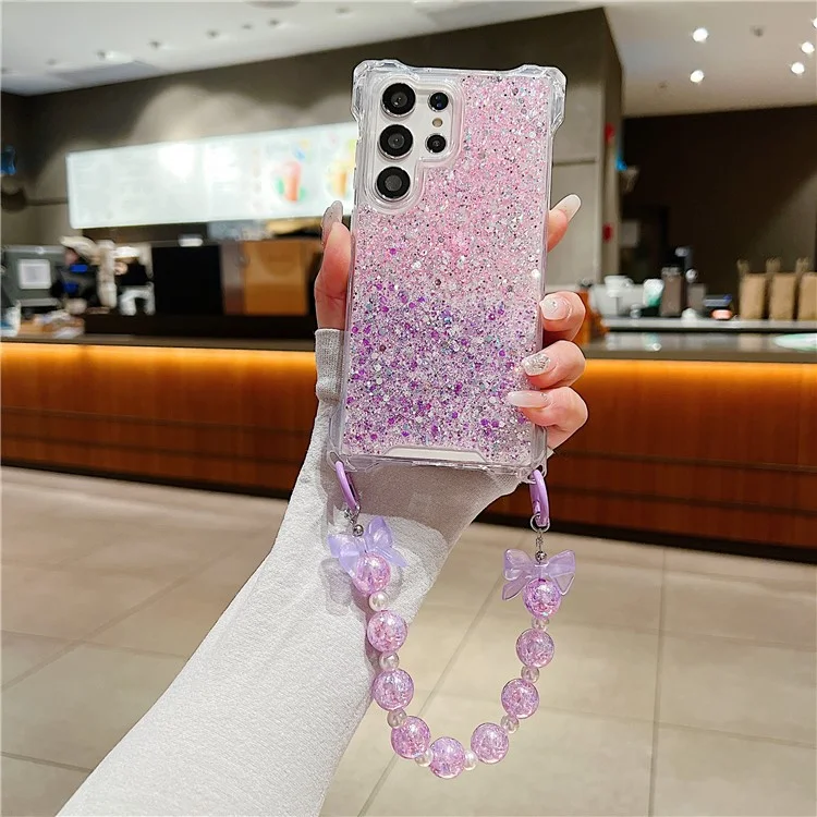 Pour Samsung Galaxy S22 Ultra 5G Coque Gros TPU+Acrylique Coque de Téléphone avec Dragonne Perle - Rose+Violet