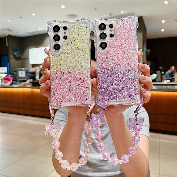 Pour Samsung Galaxy S22 Ultra 5G Coque Gros TPU+Acrylique Coque de Téléphone avec Dragonne Perle - Rose+Violet