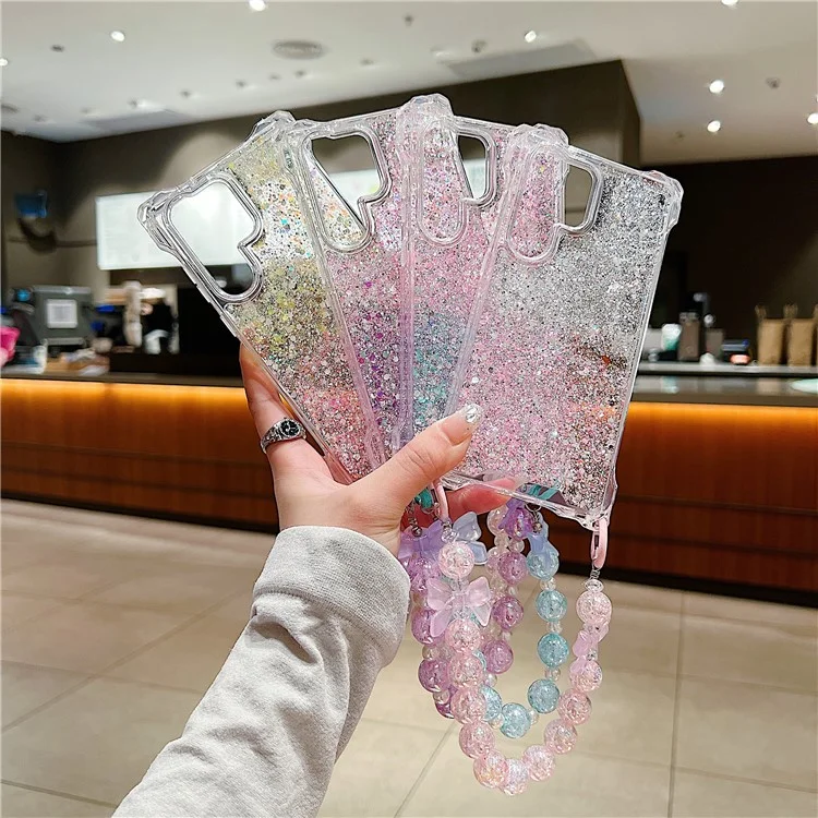 Pour Samsung Galaxy S22 Ultra 5G Coque Gros TPU+Acrylique Coque de Téléphone avec Dragonne Perle - Rose+Violet
