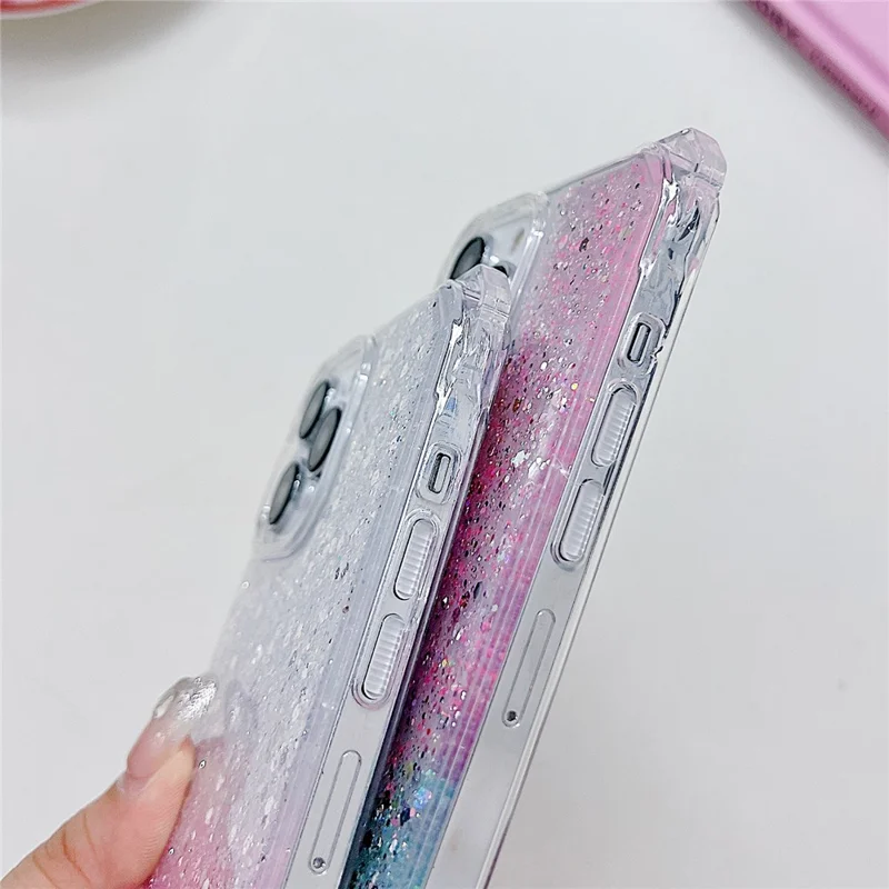 For iPhone 14 Pro Cover TPU+Acrylic Anti-drop Gradient Cell Phone Case with Hand Chain - Pink+Green