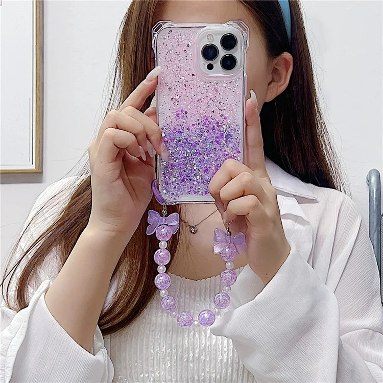 For iPhone 15 Pro Case TPU+Acrylic Gradient Phone Cover with Bowknot Decor Hand Chain - Pink+Purple