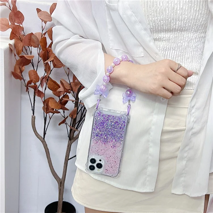 For iPhone 15 Pro Case TPU+Acrylic Gradient Phone Cover with Bowknot Decor Hand Chain - Pink+Purple