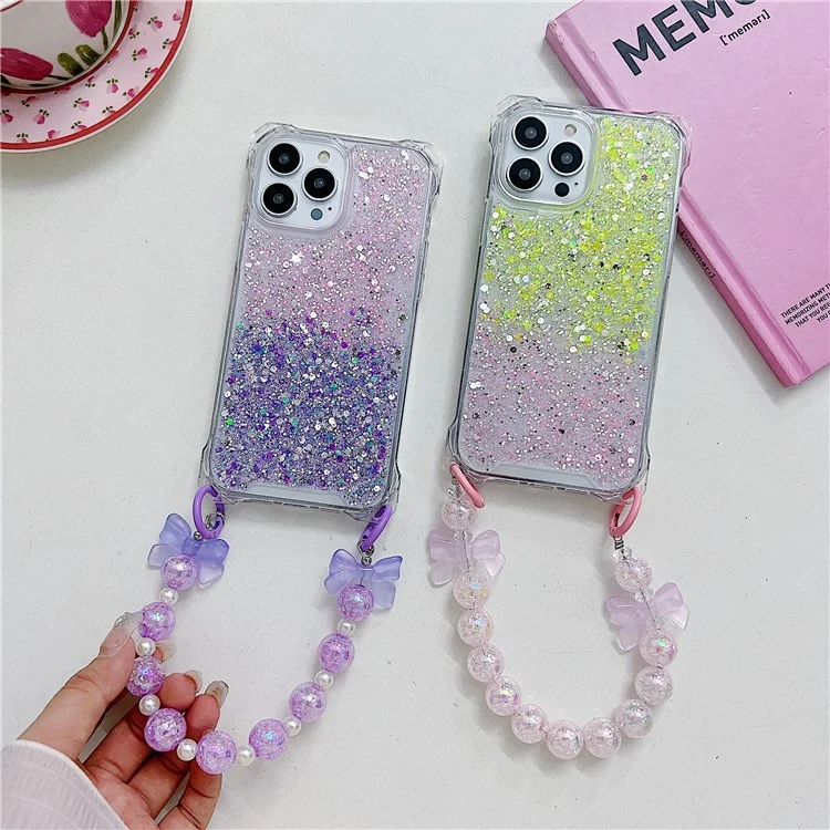 For iPhone 15 Pro Case TPU+Acrylic Gradient Phone Cover with Bowknot Decor Hand Chain - Pink+Purple