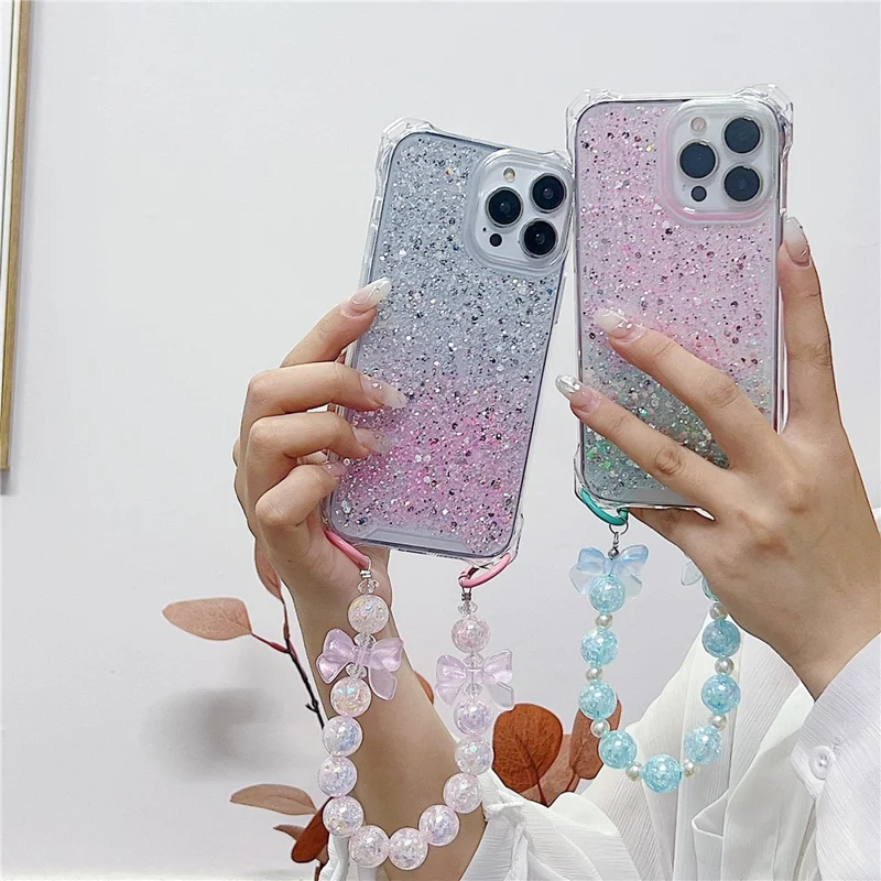 Phone Case for iPhone 14 Pro Max TPU+Acrylic Phone Cover with Bead Wrist Strap - Pink+Green