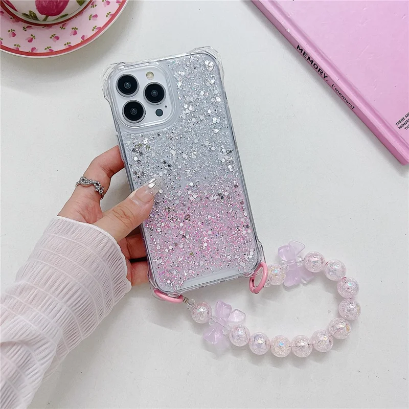 Coque de téléphone en gros pour iPhone 14 Pro Max TPU+Acrylic Phone Cover avec sangle de poignet à perles - Argent+Rose