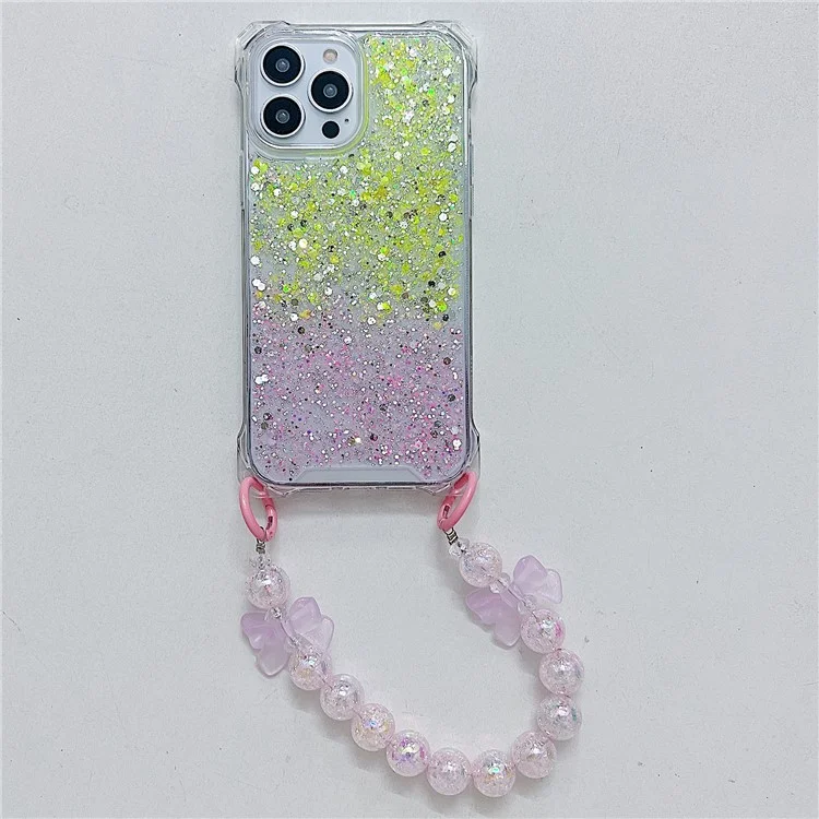 For iPhone 15 Pro Max Case TPU+Acrylic Thicken 4 Corners Phone Cover with Beaded Bracelet - Yellow+Pink