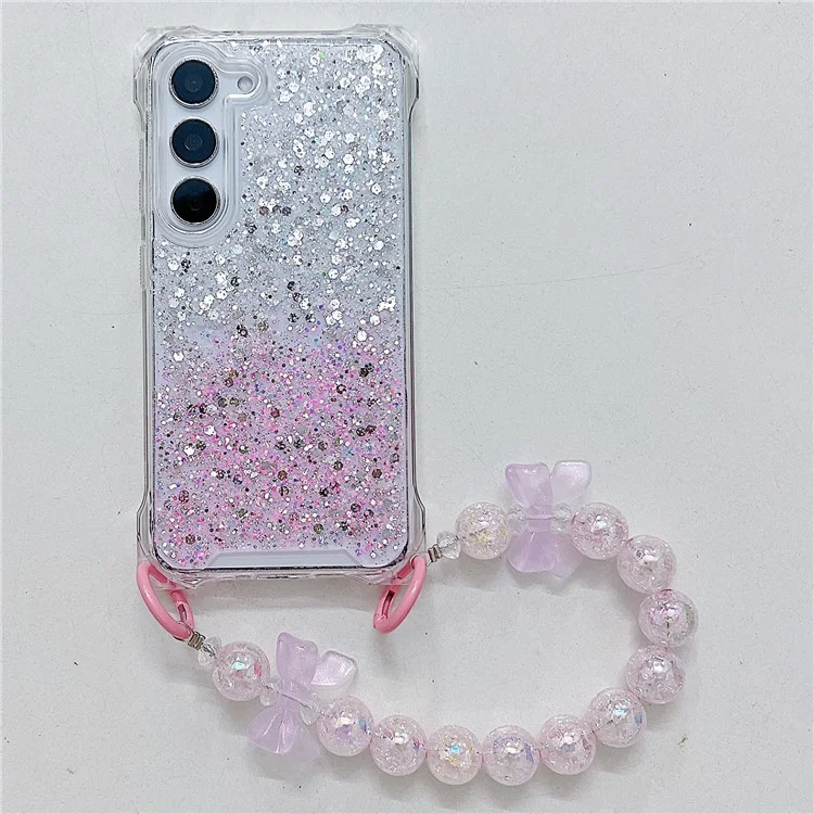 For Samsung Galaxy S24 Wholesale Cover TPU+Acrylic Gradient Anti-Drop Case with Bowknot Chain - Silver+Pink