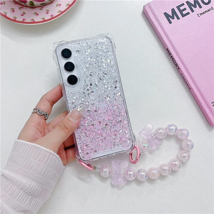 For Samsung Galaxy S24 Wholesale Cover TPU+Acrylic Gradient Anti-Drop Case with Bowknot Chain - Silver+Pink