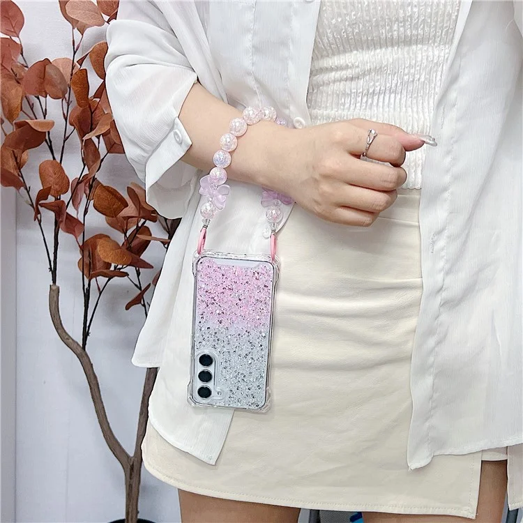 For Samsung Galaxy S24 Wholesale Cover TPU+Acrylic Gradient Anti-Drop Case with Bowknot Chain - Silver+Pink