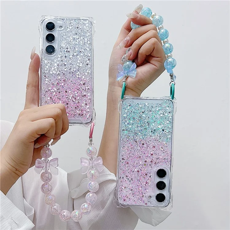 For Samsung Galaxy S24 Wholesale Cover TPU+Acrylic Gradient Anti-Drop Case with Bowknot Chain - Silver+Pink