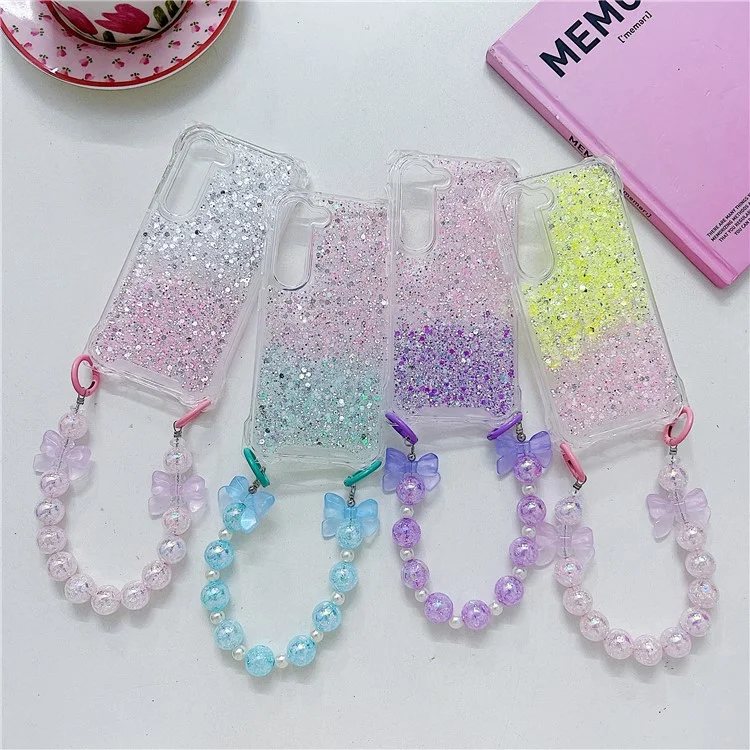 For Samsung Galaxy S24 Wholesale Cover TPU+Acrylic Gradient Anti-Drop Case with Bowknot Chain - Silver+Pink