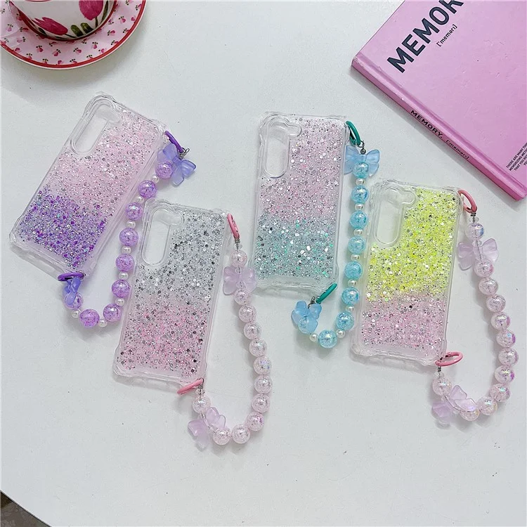 For Samsung Galaxy S24 Wholesale Cover TPU+Acrylic Gradient Anti-Drop Case with Bowknot Chain - Silver+Pink