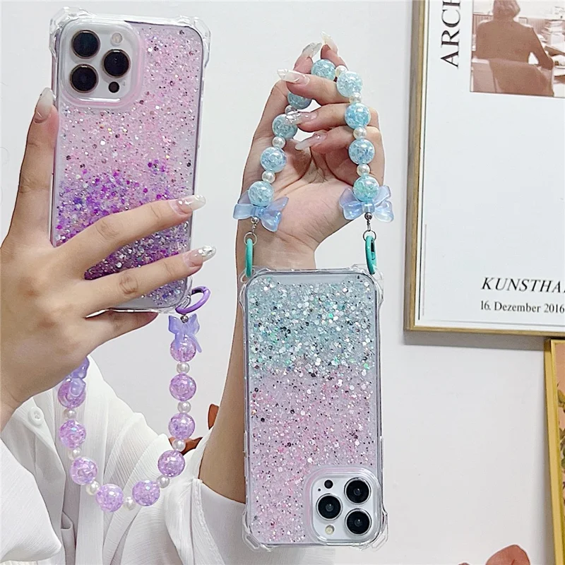 TPU+Acrylic Phone Case for iPhone 13 Pro   Phone Shell with Bead Wrist Strap - Pink+Green