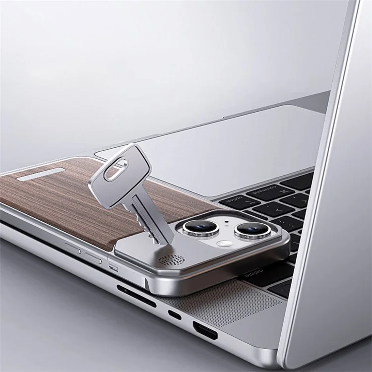 For iPhone 14 Case Aluminium Alloy+Walnut Frameless Phone Cover with Aromatherapy Tablet - Grey Walnut Texture