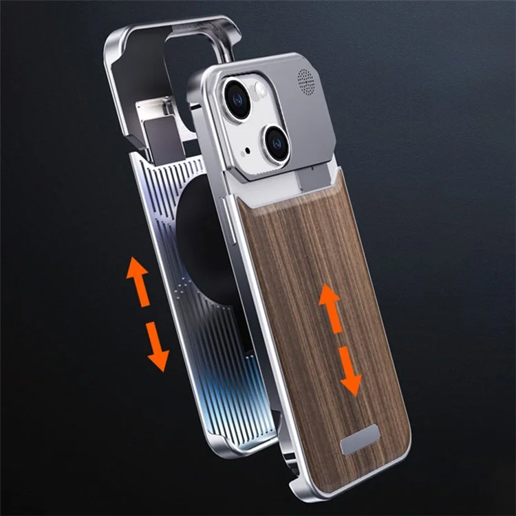 For iPhone 14 Case Aluminium Alloy+Walnut Frameless Phone Cover with Aromatherapy Tablet - Grey Walnut Texture