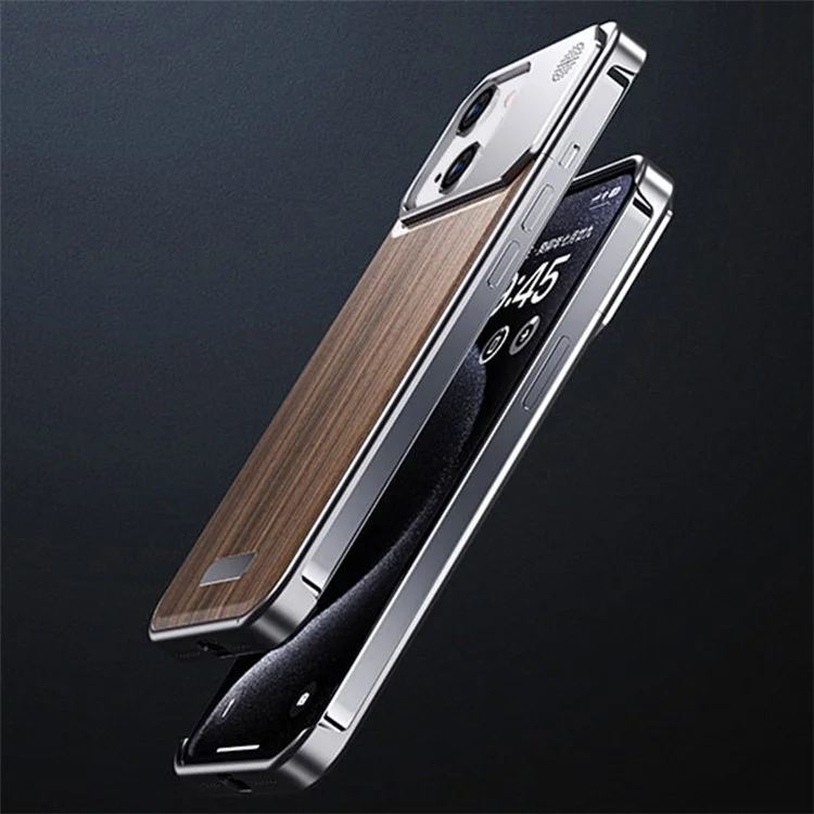 For iPhone 14 Case Aluminium Alloy+Walnut Frameless Phone Cover with Aromatherapy Tablet - Grey Walnut Texture