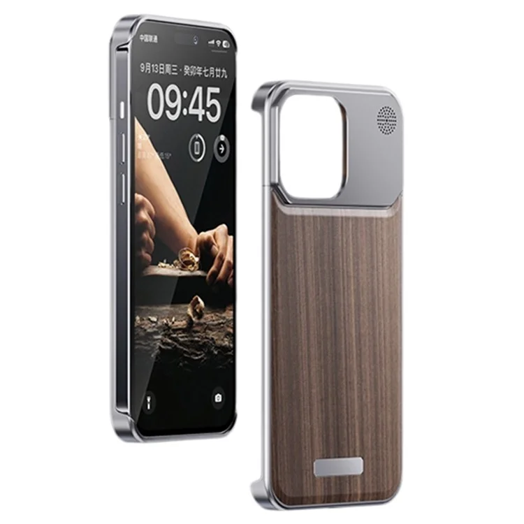 Чехол для iPhone 14 Pro Borderless Aluminium Alloy+Walnut Aromatherapy Phone Cover - Grey Walnut Texture