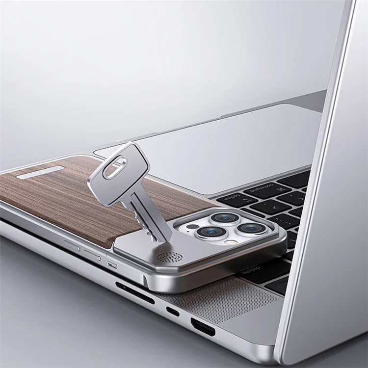Чехол для iPhone 14 Pro Borderless Aluminium Alloy+Walnut Aromatherapy Phone Cover - Grey Walnut Texture