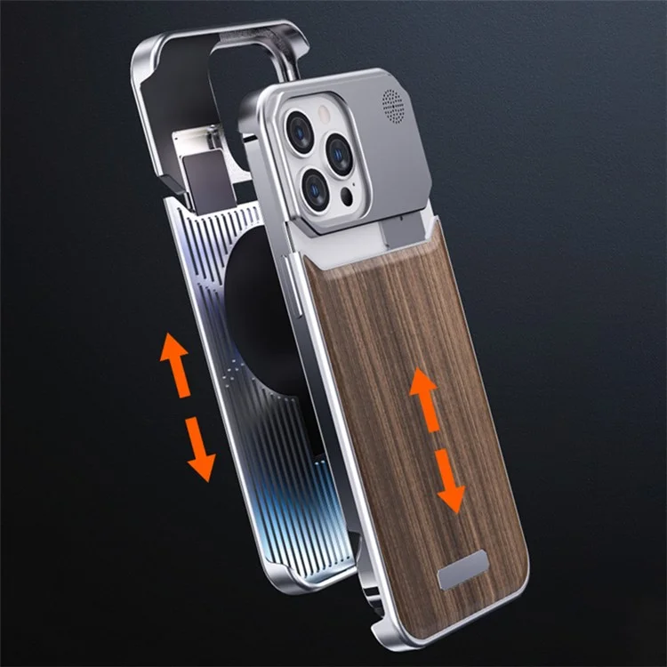 Чехол для iPhone 14 Pro Borderless Aluminium Alloy+Walnut Aromatherapy Phone Cover - Grey Walnut Texture