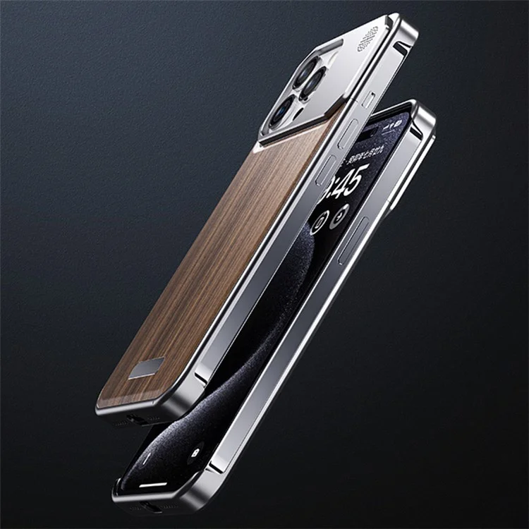 Чехол для iPhone 14 Pro Borderless Aluminium Alloy+Walnut Aromatherapy Phone Cover - Grey Walnut Texture