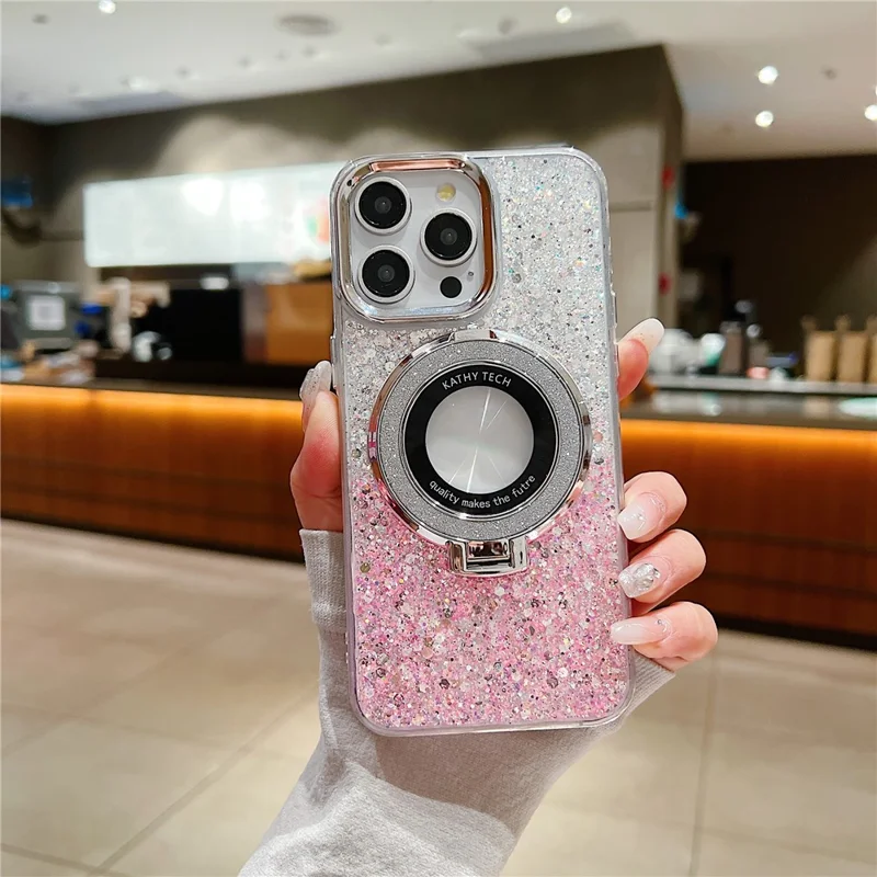 For iPhone 14 Pro Case Acrylic+TPU Sequins Epoxy Phone Cover with Magnetic Ring Kickstand - Silver+Pink