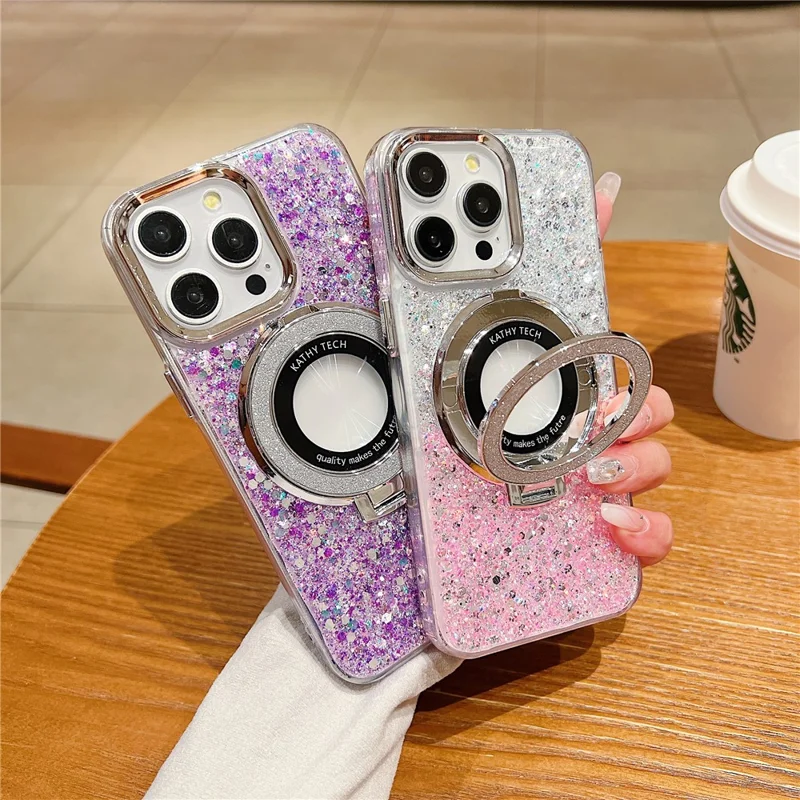 For iPhone 14 Pro Case Acrylic+TPU Sequins Epoxy Phone Cover with Magnetic Ring Kickstand - Silver+Pink