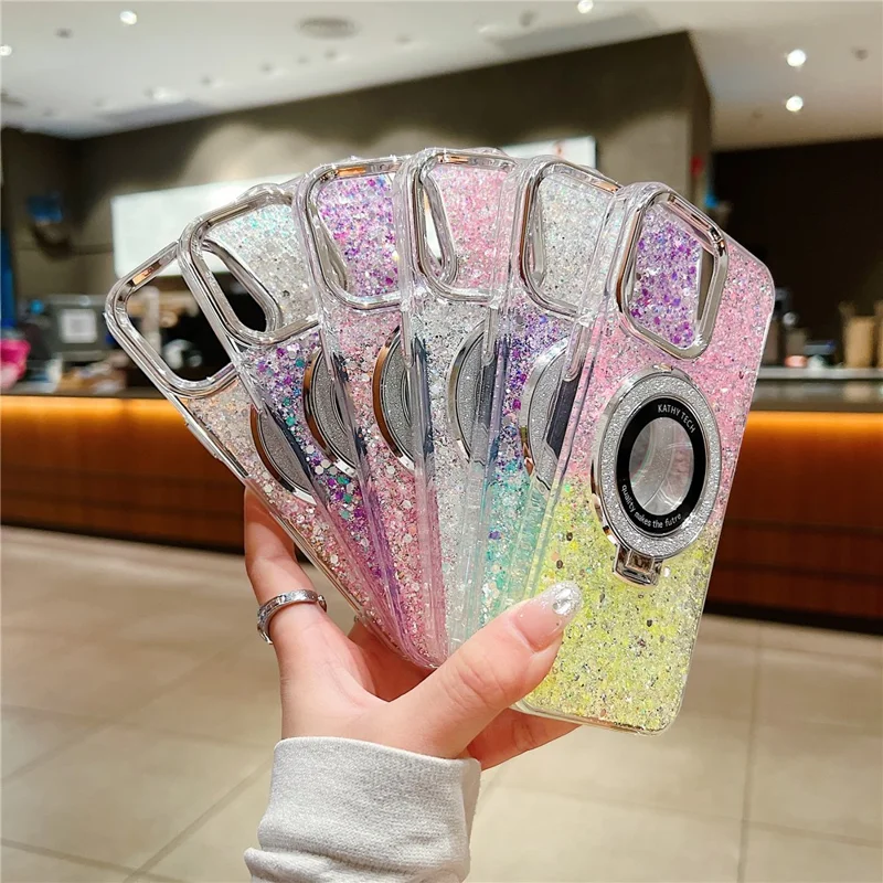For iPhone 14 Pro Case Acrylic+TPU Sequins Epoxy Phone Cover with Magnetic Ring Kickstand - Silver+Pink