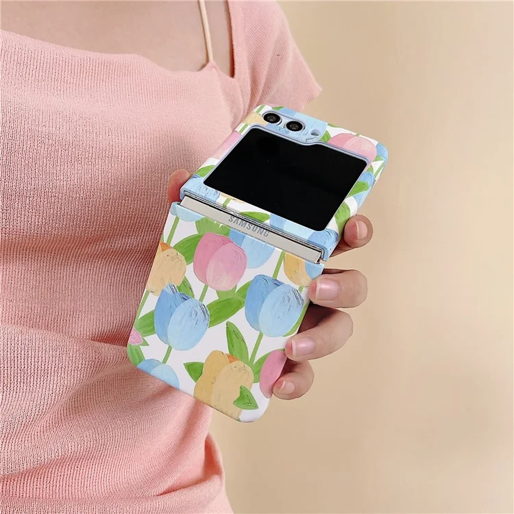 For Samsung Galaxy Z Flip5 5G Case Water Transfer Printing Tulip Pattern PC Phone Cover - Blue
