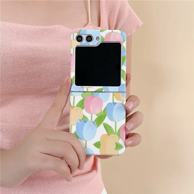 For Samsung Galaxy Z Flip5 5G Case Water Transfer Printing Tulip Pattern PC Phone Cover - Blue