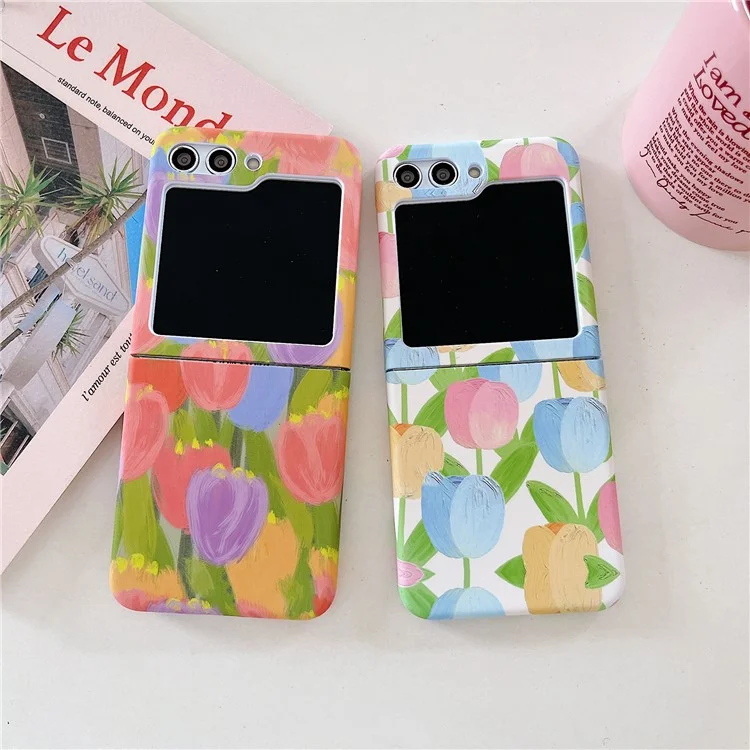 For Samsung Galaxy Z Flip5 5G Case Water Transfer Printing Tulip Pattern PC Phone Cover - Blue