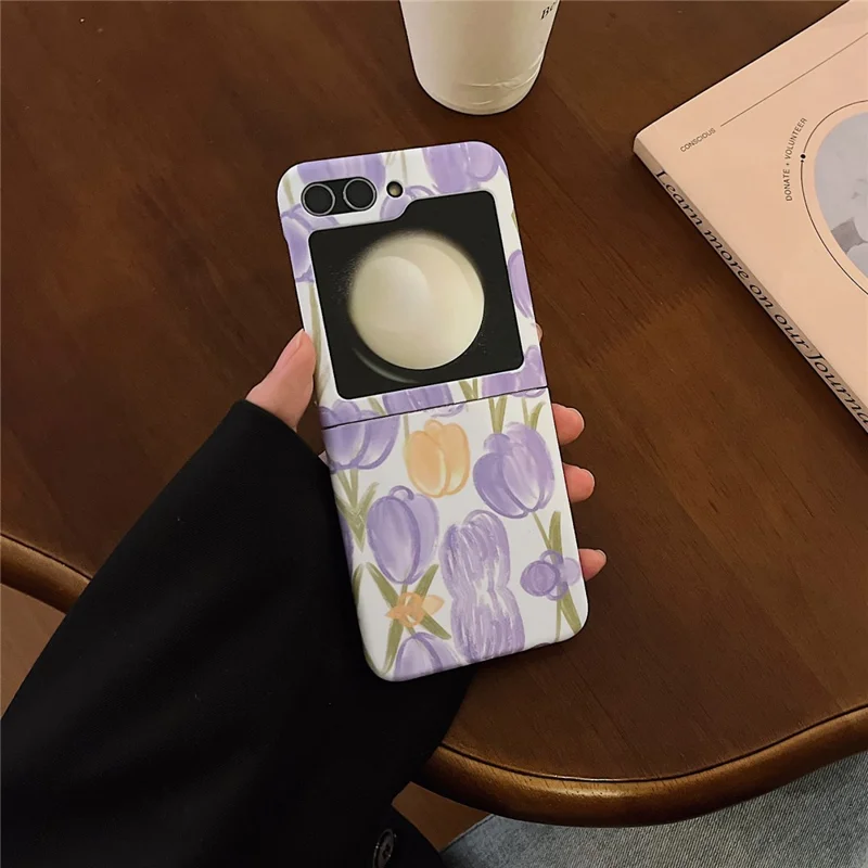 For Samsung Galaxy Z Flip5 5G PC Cover Tulip Peach Pattern Water Transfer Printing Protective Phone Case - Purple Tulip