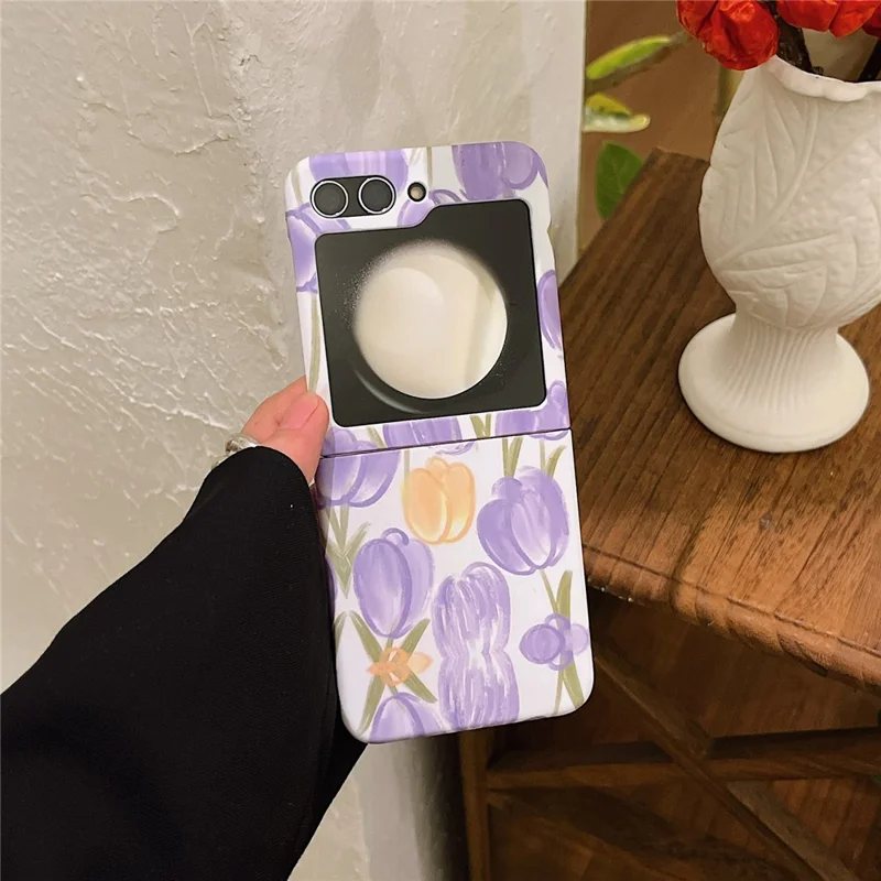 For Samsung Galaxy Z Flip5 5G PC Cover Tulip Peach Pattern Water Transfer Printing Protective Phone Case - Purple Tulip
