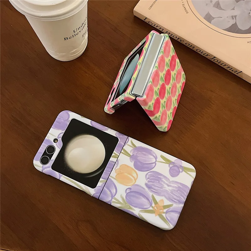 For Samsung Galaxy Z Flip5 5G PC Cover Tulip Peach Pattern Water Transfer Printing Protective Phone Case - Purple Tulip