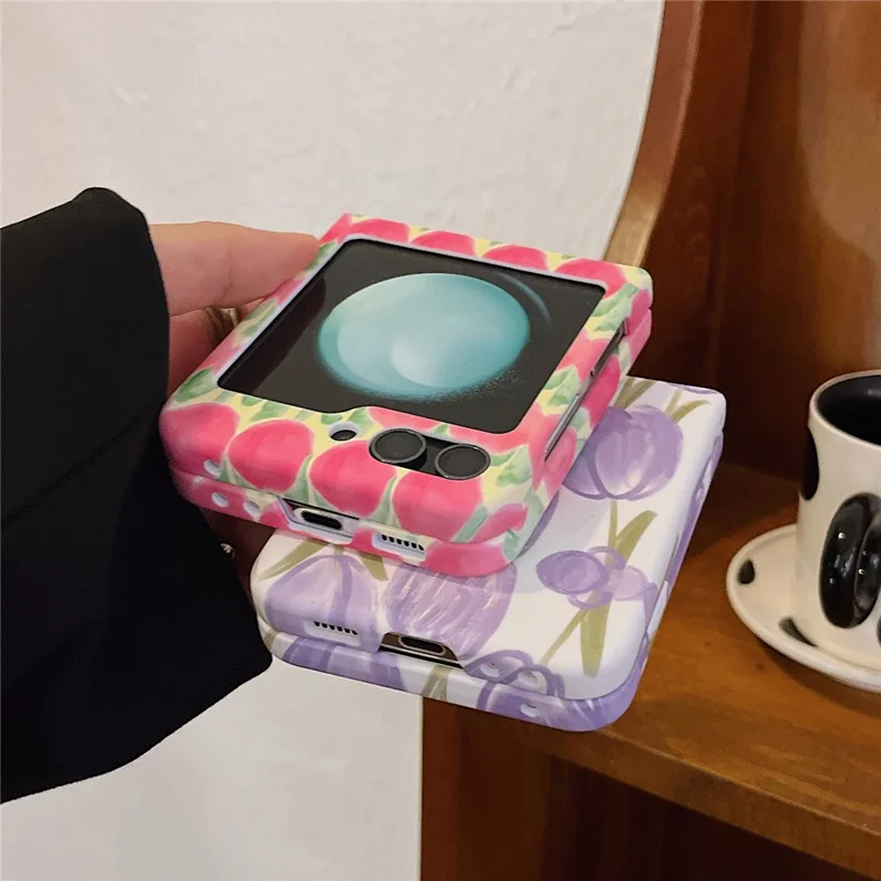 For Samsung Galaxy Z Flip5 5G PC Cover Tulip Peach Pattern Water Transfer Printing Protective Phone Case - Purple Tulip