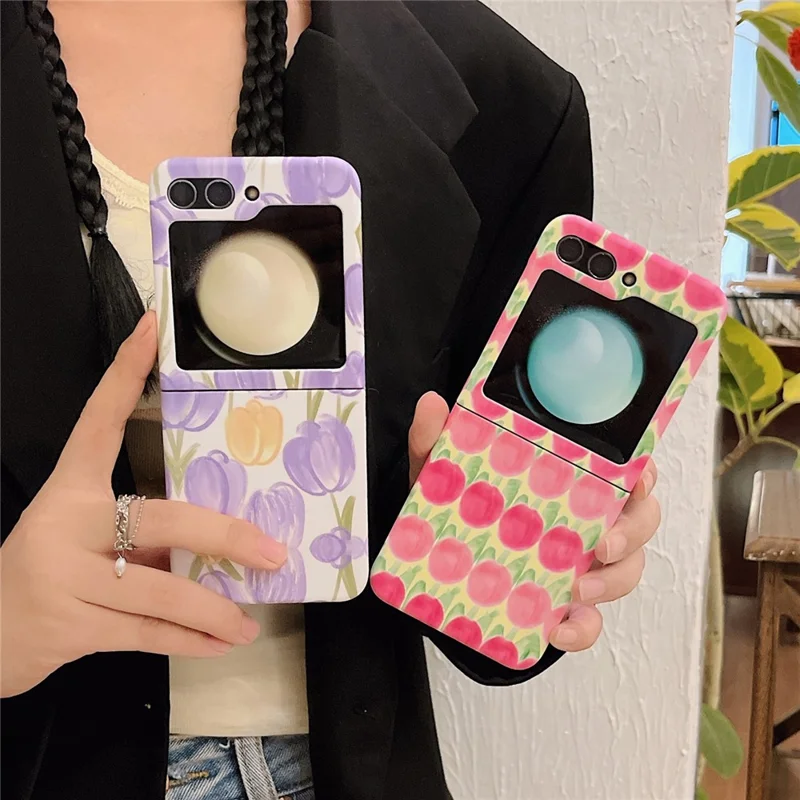 For Samsung Galaxy Z Flip5 5G PC Cover Tulip Peach Pattern Water Transfer Printing Protective Phone Case - Purple Tulip