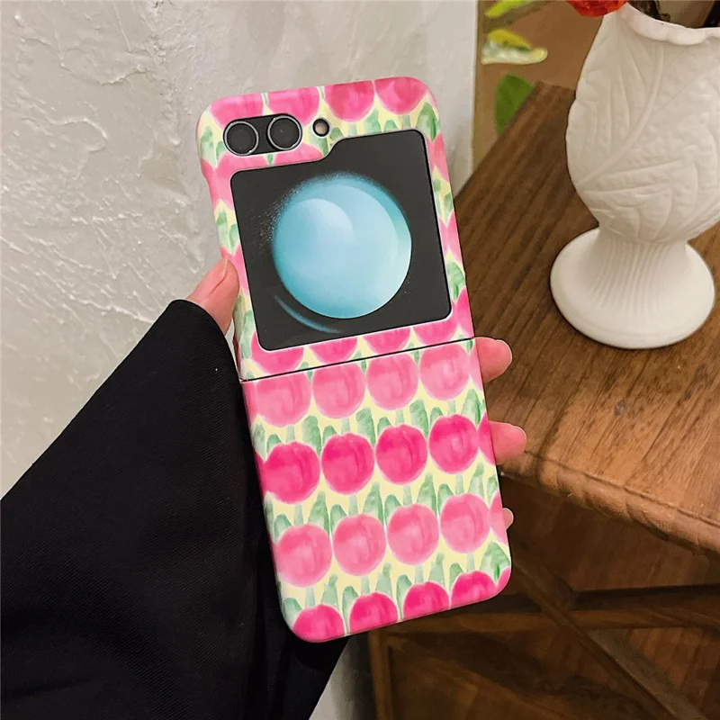 For Samsung Galaxy Z Flip5 5G PC Cover Tulip Peach Pattern Water Transfer Printing Protective Phone Case - Pink Peach