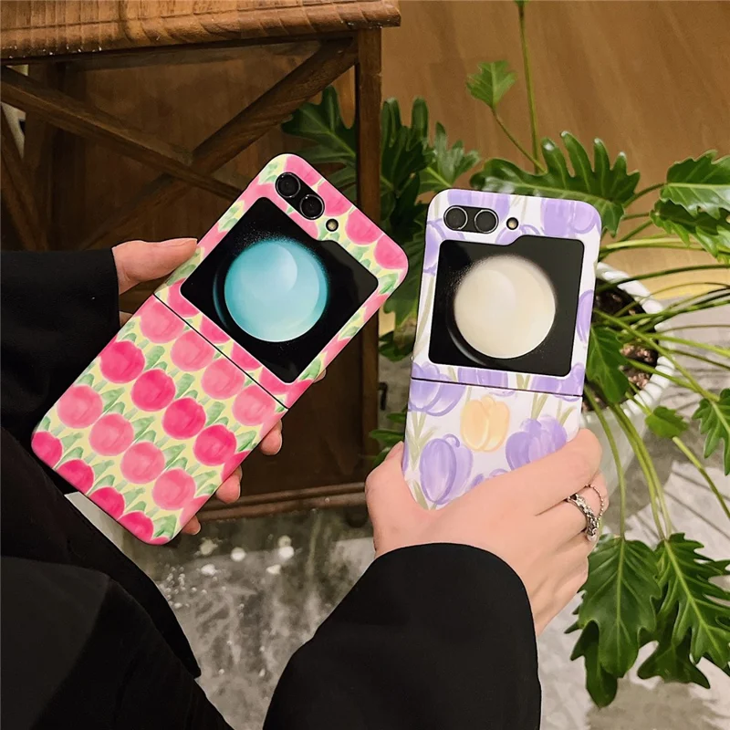 For Samsung Galaxy Z Flip5 5G PC Cover Tulip Peach Pattern Water Transfer Printing Protective Phone Case - Pink Peach