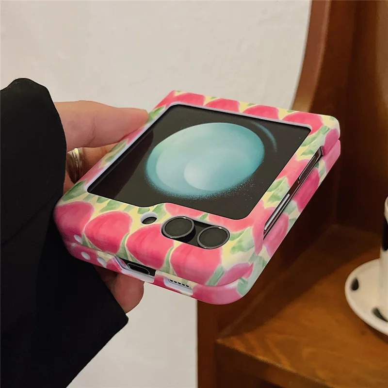 For Samsung Galaxy Z Flip5 5G PC Cover Tulip Peach Pattern Water Transfer Printing Protective Phone Case - Pink Peach