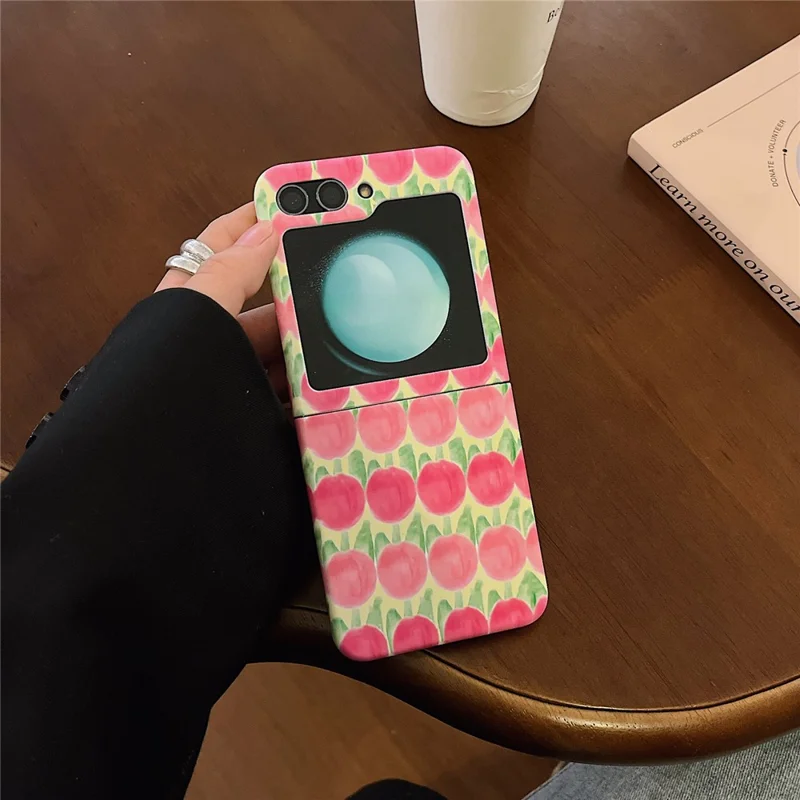 For Samsung Galaxy Z Flip5 5G PC Cover Tulip Peach Pattern Water Transfer Printing Protective Phone Case - Pink Peach
