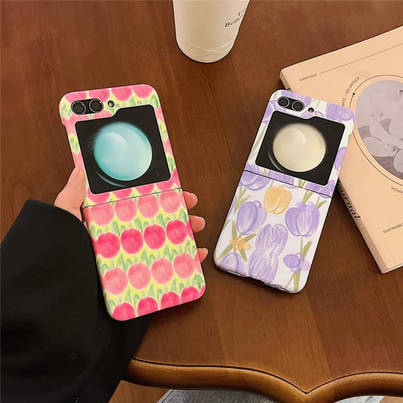 For Samsung Galaxy Z Flip5 5G PC Cover Tulip Peach Pattern Water Transfer Printing Protective Phone Case - Pink Peach
