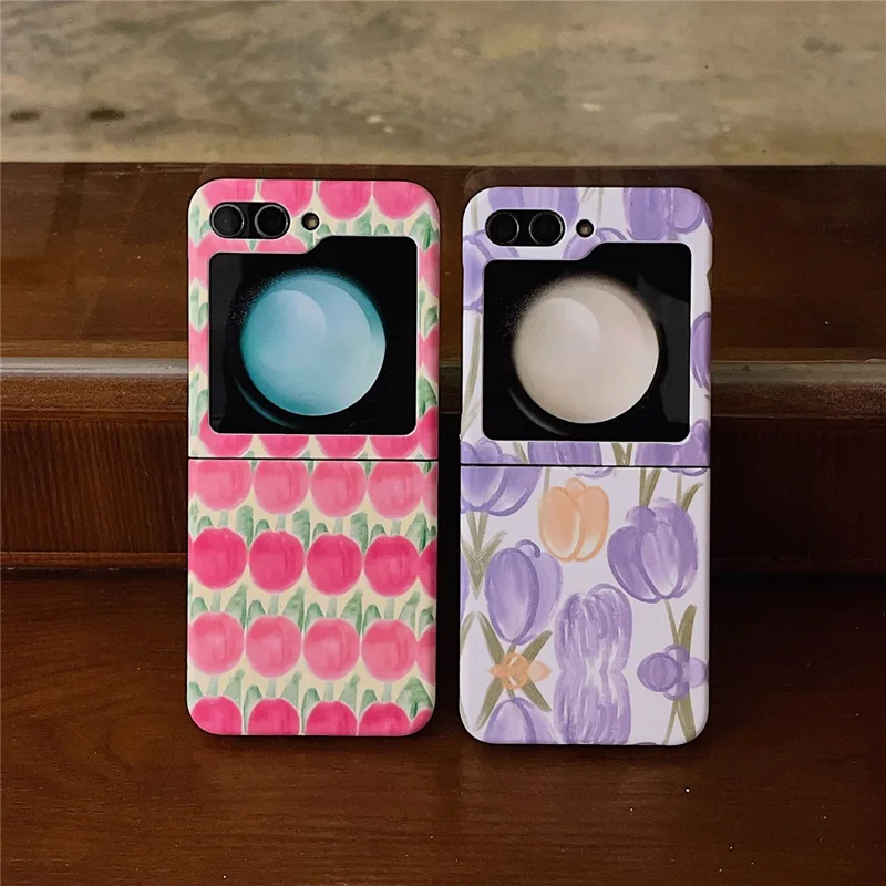 For Samsung Galaxy Z Flip5 5G PC Cover Tulip Peach Pattern Water Transfer Printing Protective Phone Case - Pink Peach