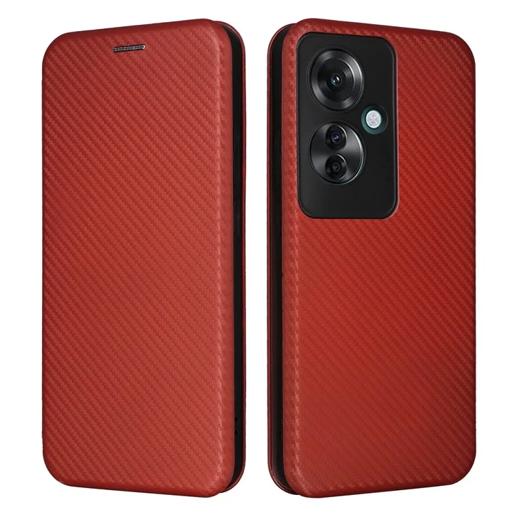 Custodia per telefono Oppo Reno11 F 5G, texture in fibra di carbonio, magnetica, in pelle, copertura protettiva completa - Marrone