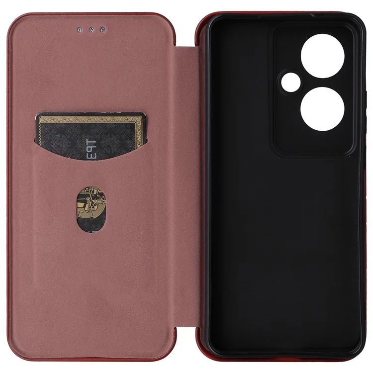 Custodia per telefono Oppo Reno11 F 5G, texture in fibra di carbonio, magnetica, in pelle, copertura protettiva completa - Marrone