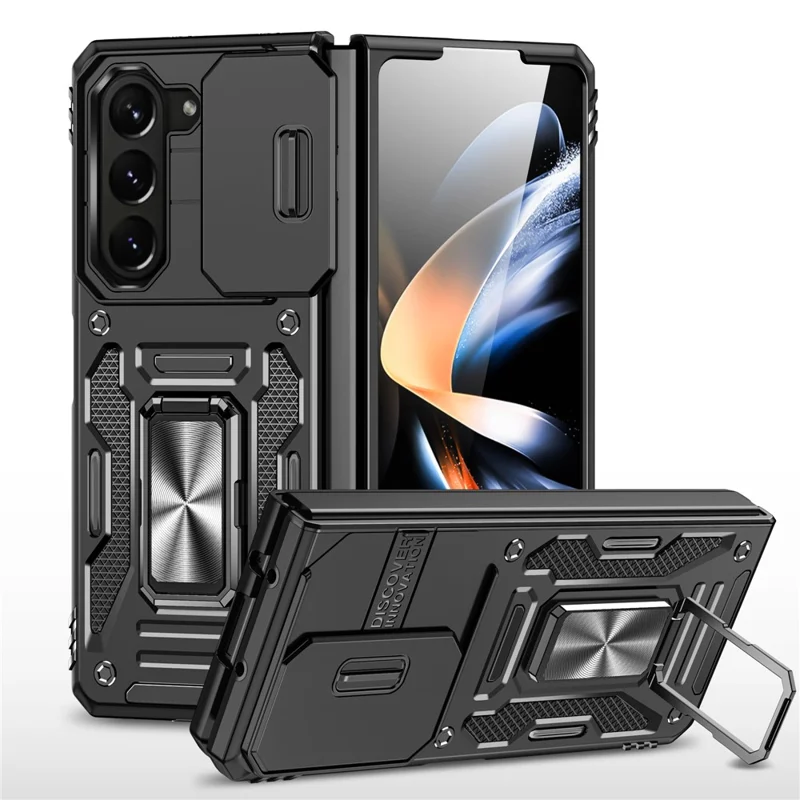 Armor Series For Samsung Galaxy Z Fold6 5G Kickstand Case Slide Lens Cover PC+TPU Phone Shell - Black