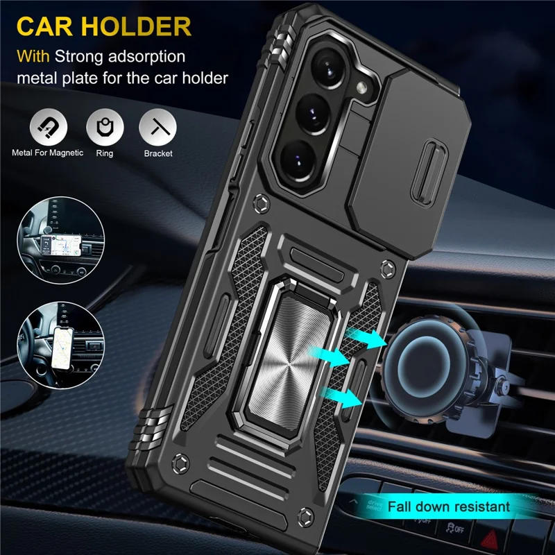 Armor Series For Samsung Galaxy Z Fold6 5G Kickstand Case Slide Lens Cover PC+TPU Phone Shell - Black