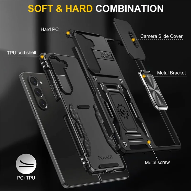 Armor Series For Samsung Galaxy Z Fold6 5G Kickstand Case Slide Lens Cover PC+TPU Phone Shell - Black