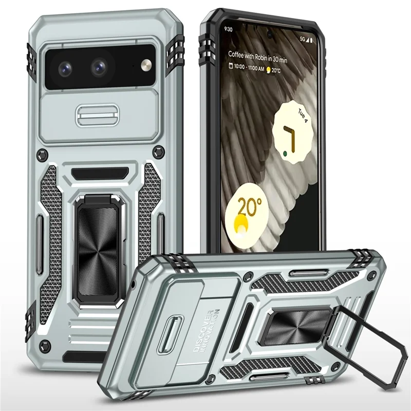 Armor Series For Google Pixel 8a Case PC+TPU Kickstand Phone Cover with Slide Lens Lid - Grey